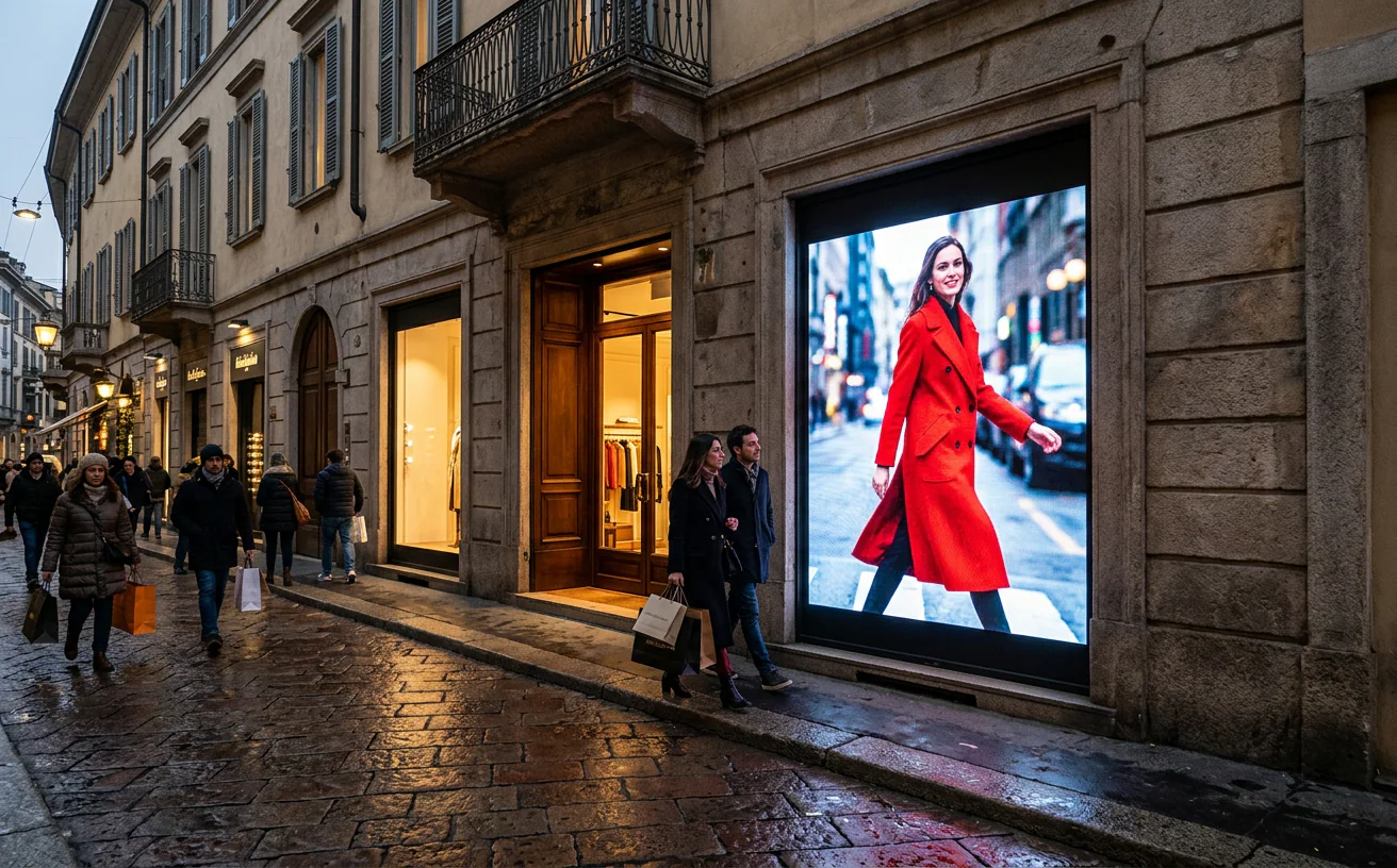 Vetrina di una boutique a Milano con ledwall che mostra una campagna moda – Omegaled
