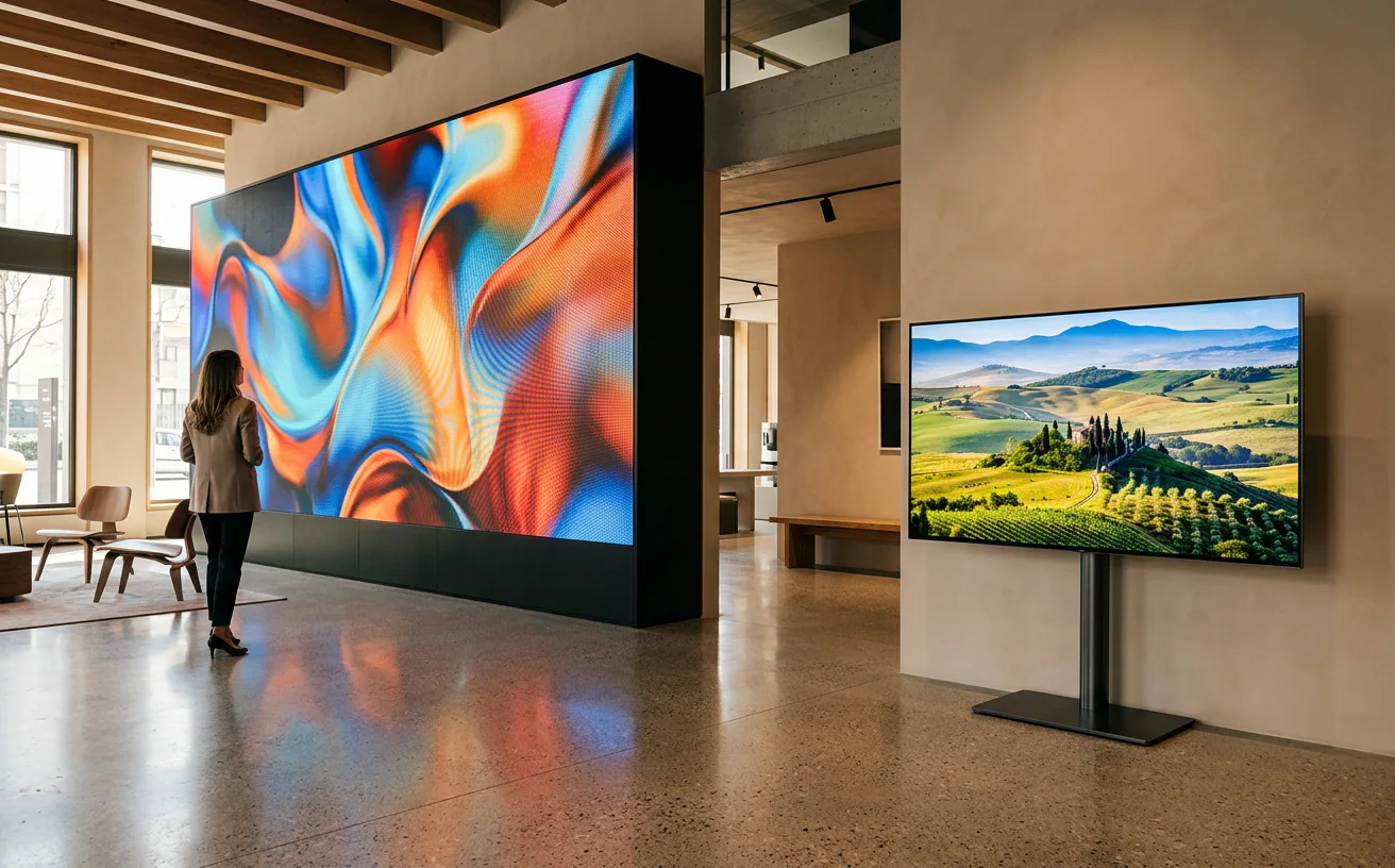 Showroom con un ledwall senza cornici accanto a un display LCD – Omegaled