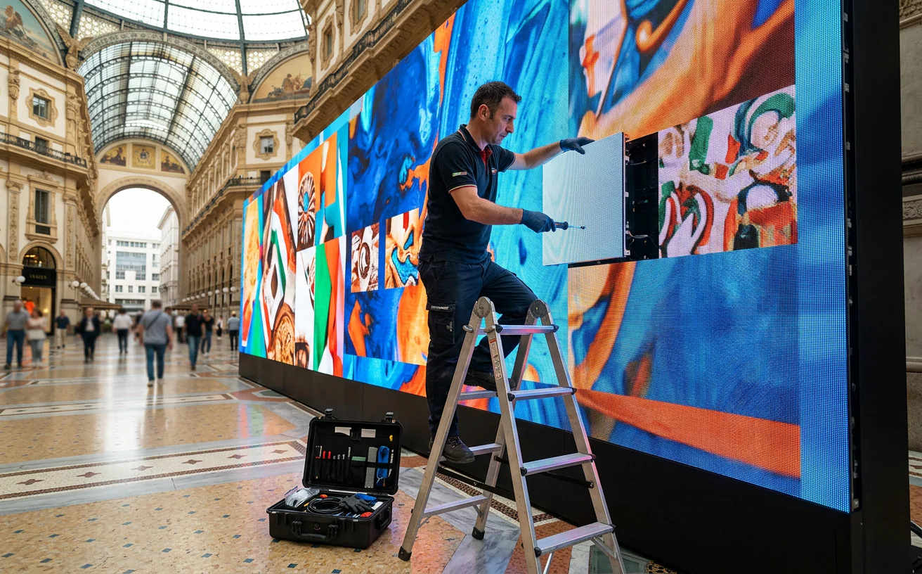 Tecnico che sostituisce un modulo di un ledwall in una galleria commerciale – Omegaled