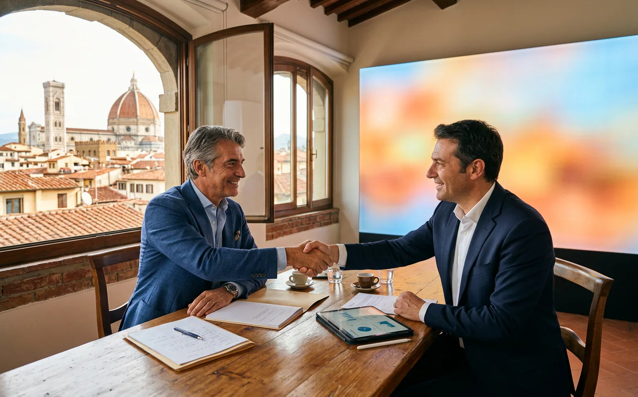 Imprenditore e consulente si stringono la mano in un ufficio con ledwall – Omegaled