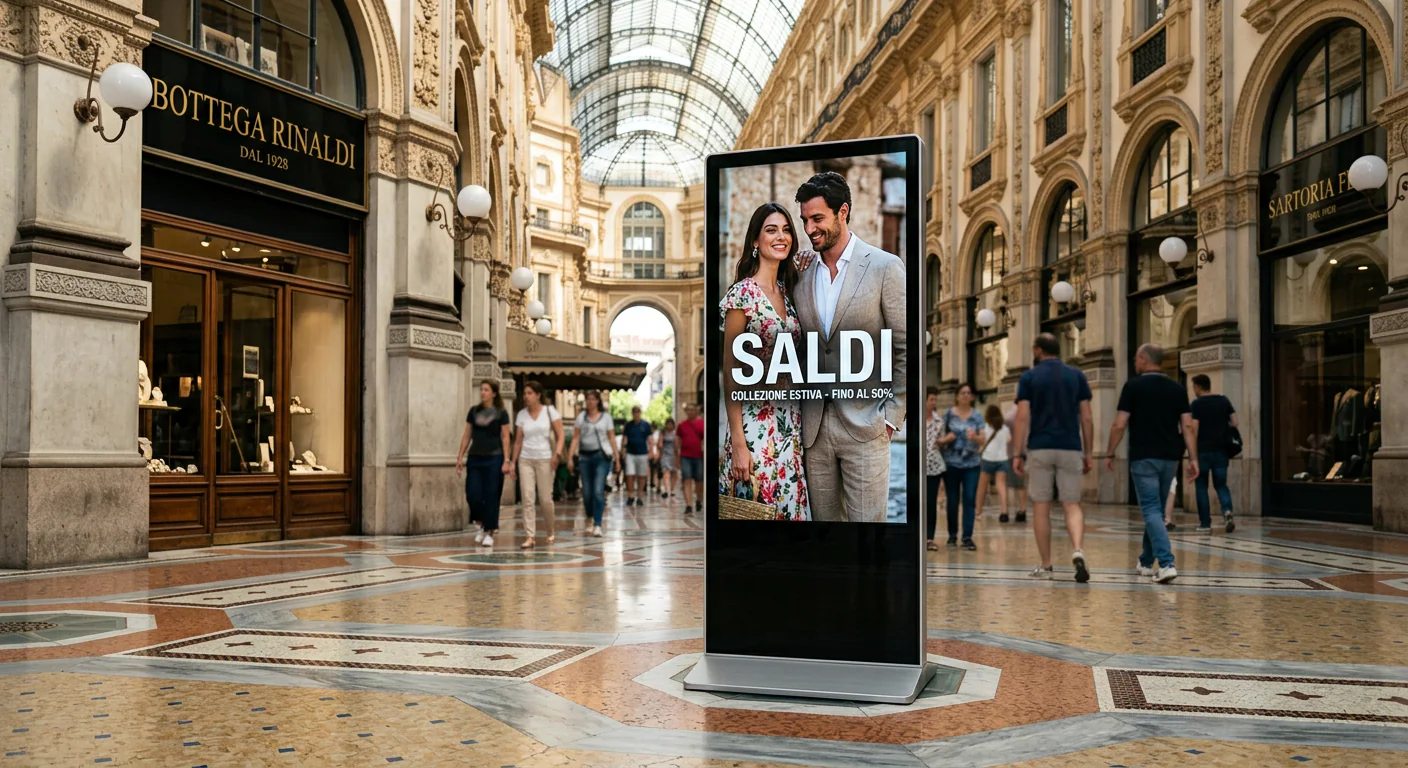 Totem digitale in una galleria commerciale di Milano che mostra una campagna saldi – Omegaled
