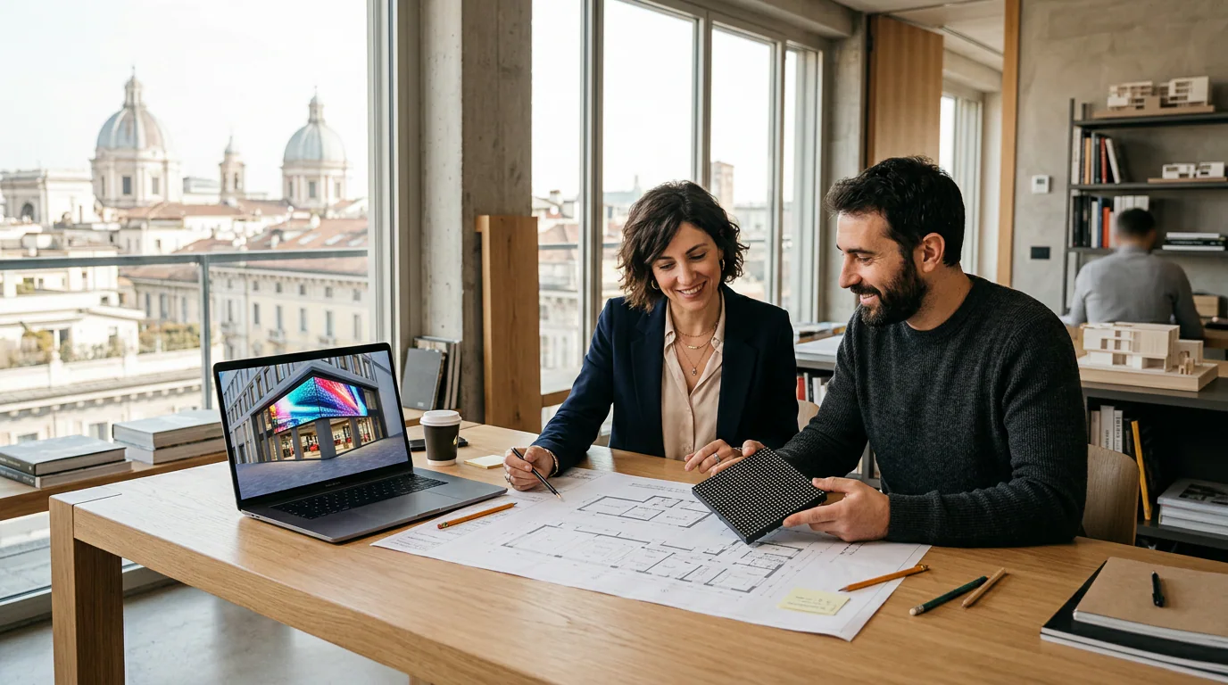 Una progettista e un consulente Omegaled esaminano planimetrie, un modulo ledwall e il render di una vetrina
