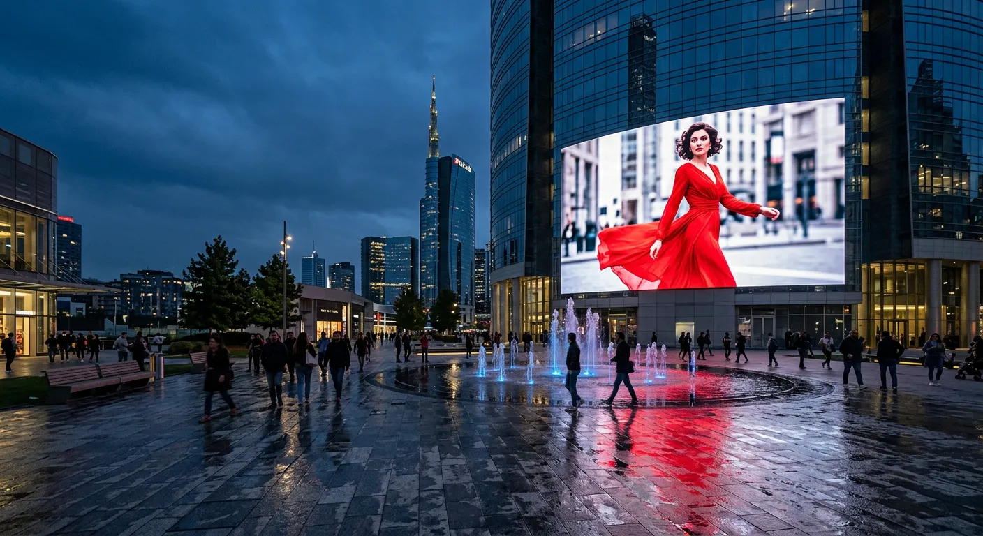 Maxischermo pubblicitario sulla facciata di un grattacielo in piazza Gae Aulenti a Milano – Omegaled