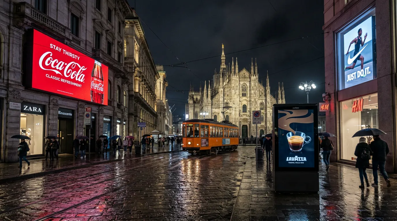 Corso Vittorio Emanuele a Milano con il Duomo sullo sfondo: ledwall in facciata, ledwall in vetrina e totem pubblicitario con campagne di grandi marchi – Omegaled