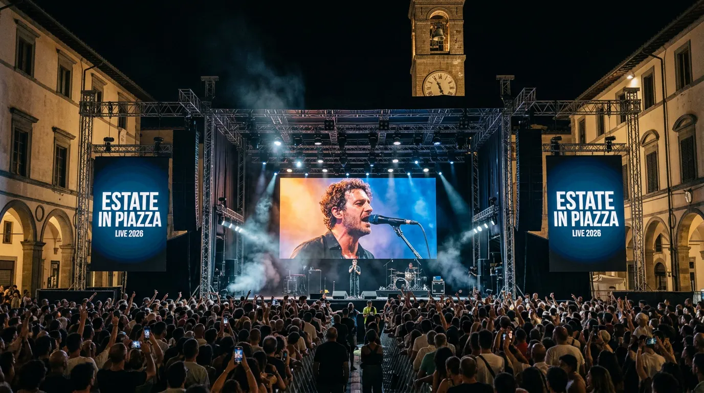 Concerto in una piazza storica italiana con ledwall Rental centrale e due ledwall laterali su truss – Omegaled