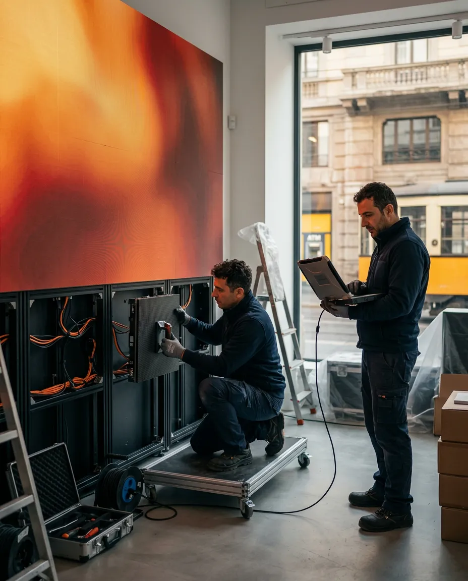 Tecnici Omegaled installano un ledwall in un negozio a Milano