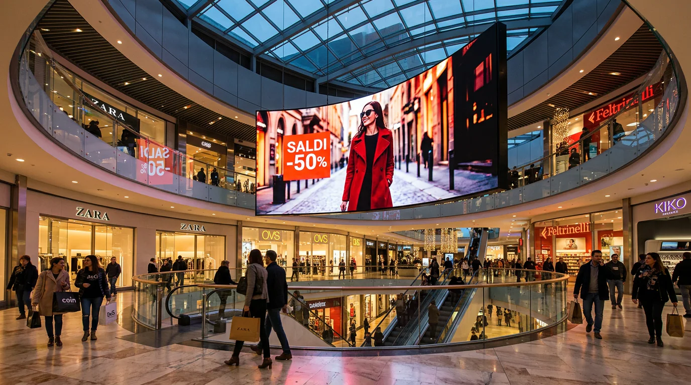 Ledwall curvo sospeso nella galleria di un centro commerciale – Omegaled
