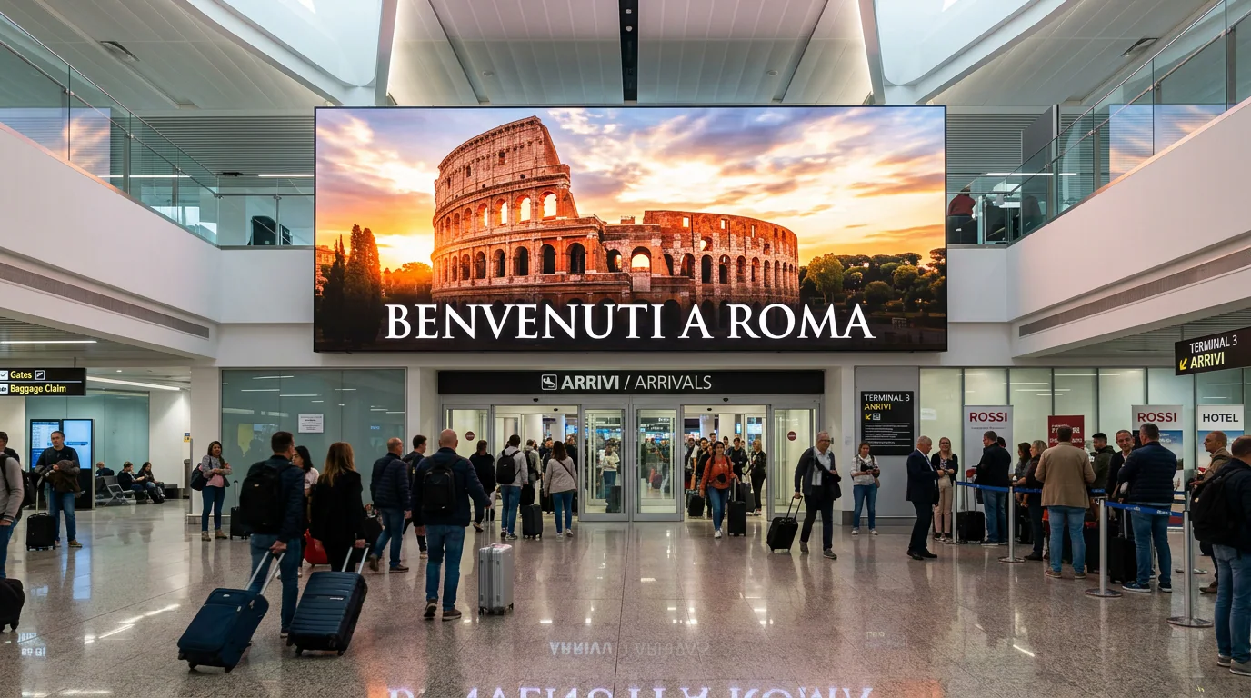 Ledwall sopra l'uscita arrivi di un aeroporto – Omegaled