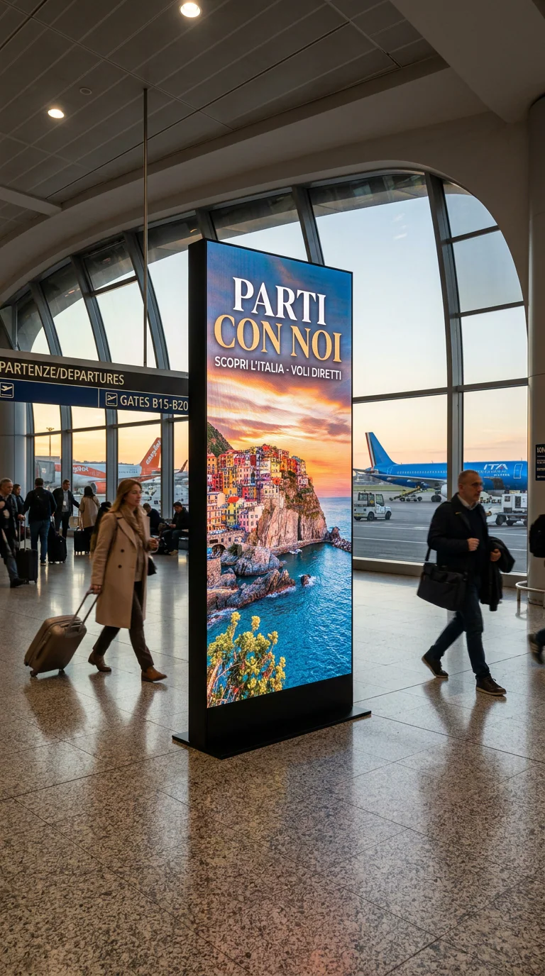 Totem ledwall nell'area partenze di un aeroporto – Omegaled