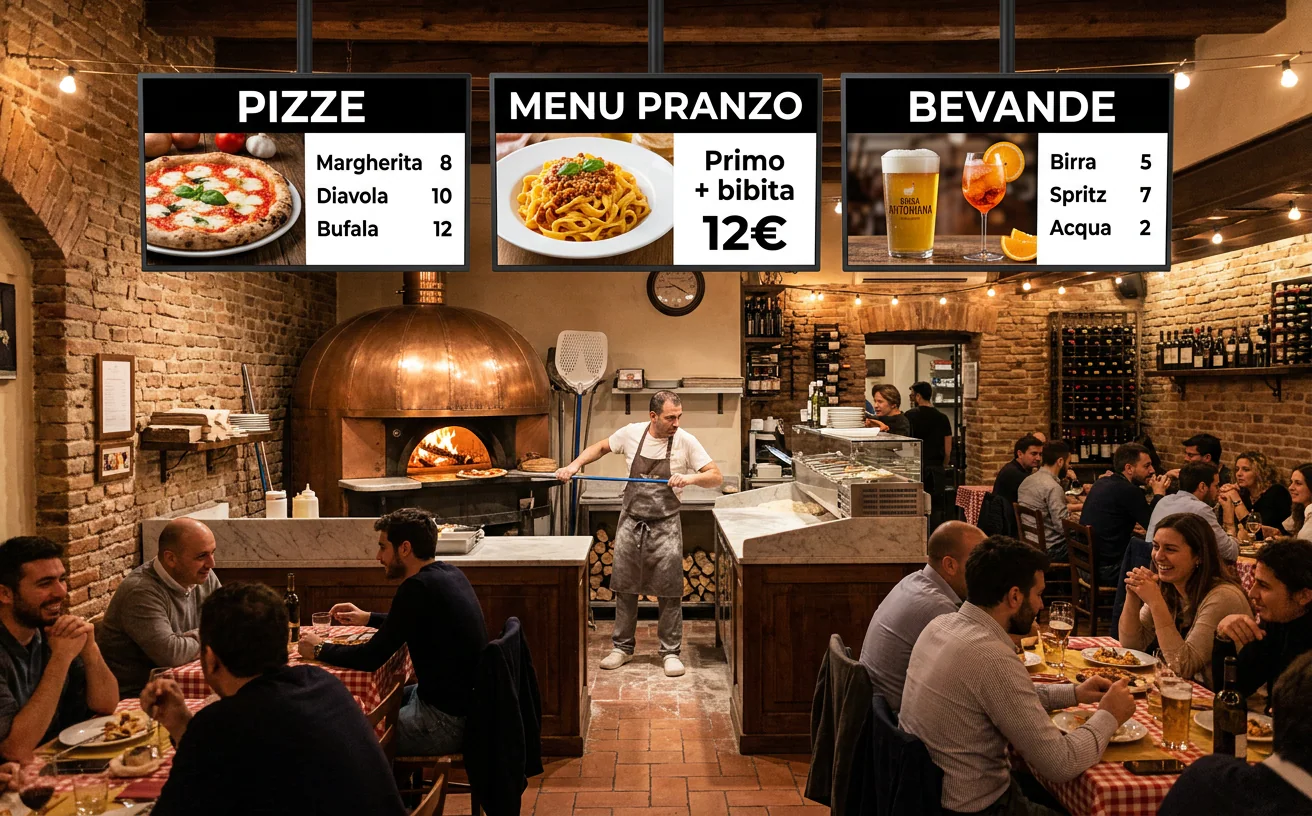 Menu digitale LCD sopra il bancone di una pizzeria – Omegaled